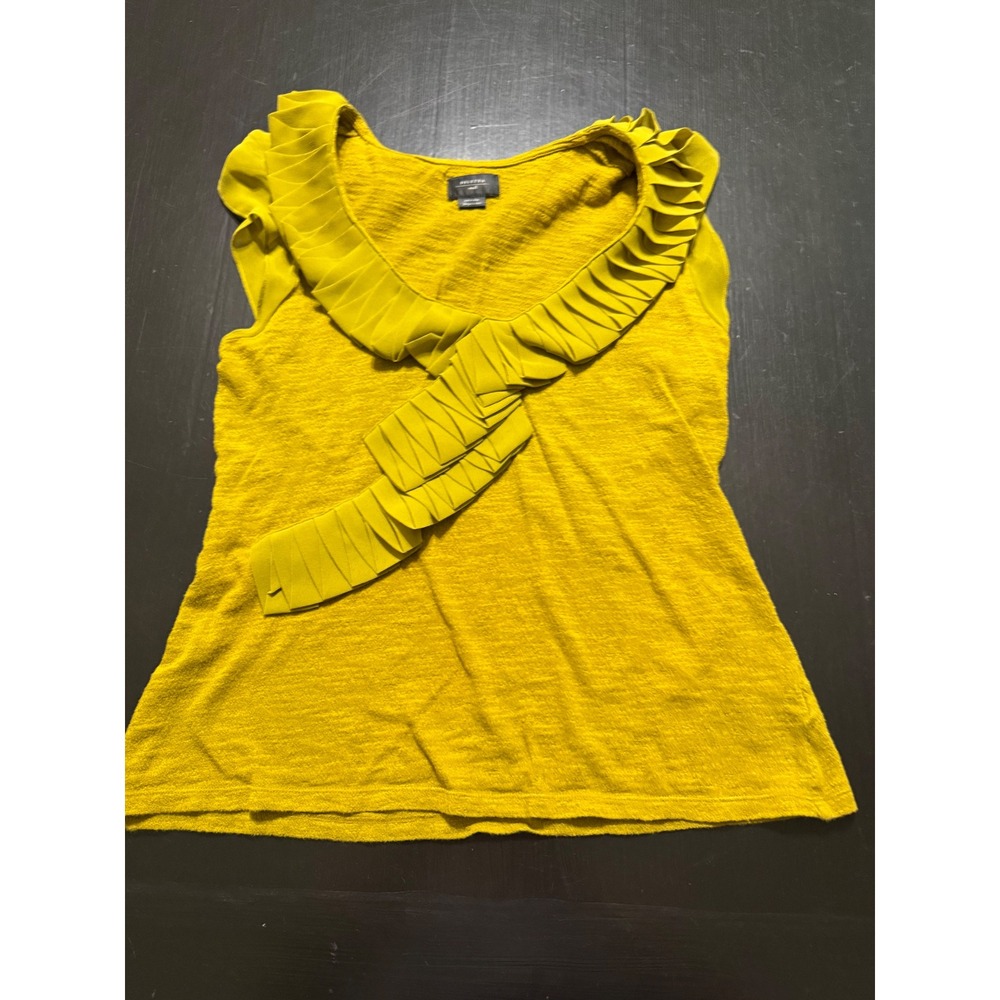 Deletta Anthropologie Mustard Yellow Pleated Ruffle Neck Knit Top Small Citron‎